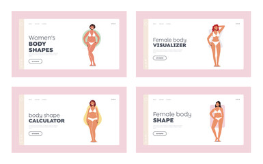 Women Body Figure Types Landing Page Template Set. Female Characters Hourglass, Round, Rectangle and Pear Shapes