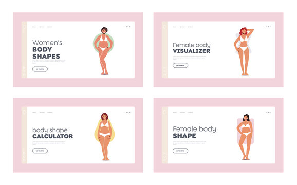 Women Body Figure Types Landing Page Template Set. Female Characters Hourglass, Round, Rectangle and Pear Shapes