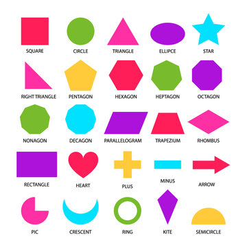 Basic shapes geometric form collection for primary school or preschool. Colored kids geometry figures for learning, children education, educational set on white background