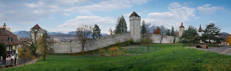 Panoramic view of Luzern Musegg Wall (Museggmauer) and its Towers - Lucerne, Switzerland