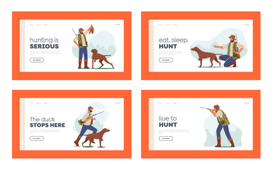 Hunters Hobby Landing Page Template Set. Man Shoot with Rifle, Relax in Camp, Run with Dog Hunting Sport or Activity