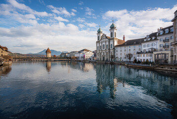 Luzern Skyline with Jesuit Church and Chapel Bridge (Kapellbrucke) - Lucerne, Switzerland
