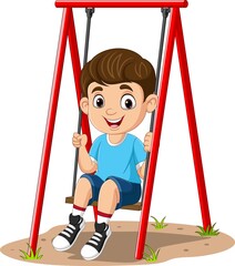 Cartoon little boy playing swing in the park