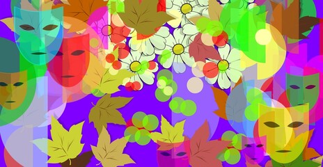 Theater mask drawing, image, old comedy. DAISIES and Multicolored LEAVES. FANTASIA. ILLUSTRATION. Amiable ABSTRACT GEOMETRIC SHAPES. Multicolor figures. Aesthetic WALLPAPER ideas. Background design. 
