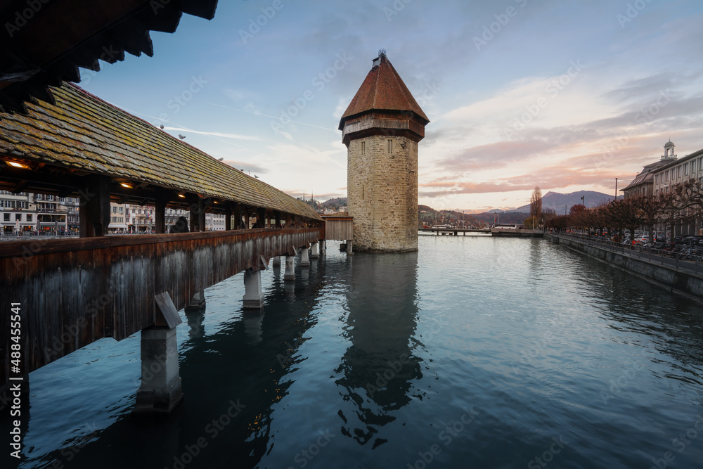 Canvas Prints Chapel Bridge (Kapellbrucke) at sunset - Lucerne, Switzerland