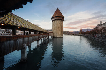Chapel Bridge (Kapellbrucke) at sunset - Lucerne, Switzerland