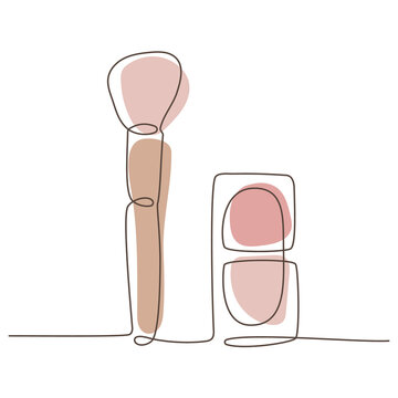 recommend clip art: Decorative cosmetics for makeup - Blush and brush, continuous one line drawing, single line art. Vector illustration