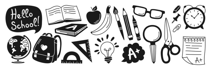 Back to School drawn glyph stamp set. Learning school supplies doodle stencil print kit. Education concept objects for student, scissors backpack, light bulb idea, clock, lunch and globe, press vector