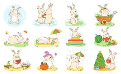 Rabbit flat cartoon animal easter or xmas set. Bunny or cute hare lies on beach, gives gift, reads book, eats watermelon, holds umbrella, halloween wizard, bathes, gift box. Pet vector illustration