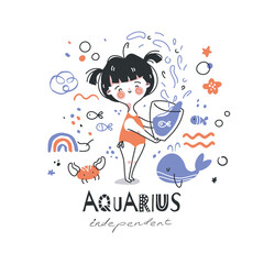 Aquarius zodiac sign illustration. Astrological horoscope symbol character for kids. Colorful card with graphic elements for design. Hand drawn vector in cartoon style with lettering