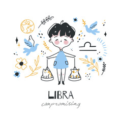 Zodiac sign Libra illustration. Astrological horoscope symbol character for kids. Colorful card with graphic elements for design. Hand drawn vector in cartoon style with lettering