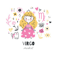 Virgo zodiac sign illustration. Astrological horoscope symbol character for kids. Colorful card with graphic elements for design. Hand drawn vector in cartoon style with lettering