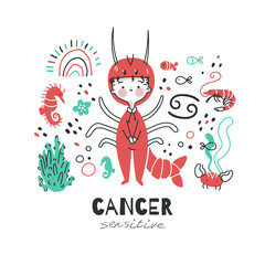 Cancer zodiac sign illustration. Astrological horoscope symbol character for kids. Colorful card with graphic elements for design. Hand drawn vector in cartoon style with lettering