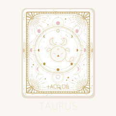 Zodiac sign Taurus card. Astrological horoscope symbol with moon phases. Graphic gold icon on a white background. Vector line art illustration