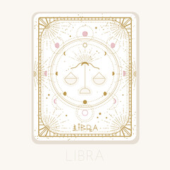 Zodiac sign Libra card. Astrological horoscope symbol with moon phases. Graphic gold icon on a white background. Vector line art illustration
