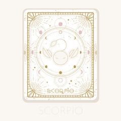 Zodiac sign scorpio card. Astrological horoscope symbol with moon phases. Graphic gold icon on a white background. Vector line art illustration