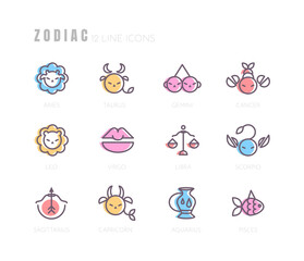 Zodiac sign icons collection. Minimalistic astrological horoscope symbols. Stylized simple graphic elements for design. Vector line art illustration