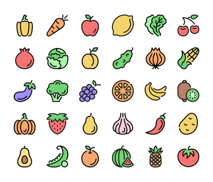 Vegetables and fruits icons set. Vector line icons, modern colorful linear design graphic elements, outline symbols isolated on white background
