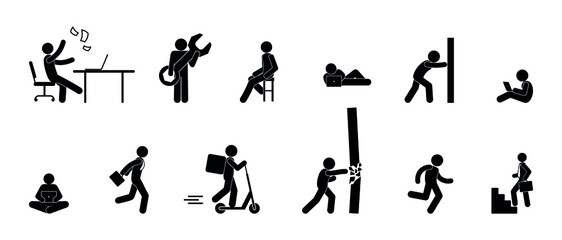 set of business icons, people work, stick figure human silhouette, isolated pictograms