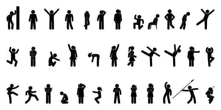 man icons set, stick figure stickman isolated pictograms, people silhouettes simple vector illustration
