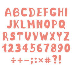 English alphabet hand-drawn in cartoon style. Doodling. Coral color of handwritten font. Numbers, punctuation marks. Pink color, white background. Children's letters for printing design or education.