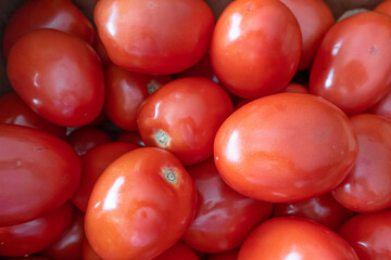 Pile of fresh raw tomatoes on display in shop