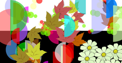 White DAISIES and Multicolored LEAVES. FANTASIA. Amiable ABSTRACT GEOMETRIC SHAPES. Multicolor varied figures. Cute aesthetic WALLPAPER ideas. Background design image. Creative ILLUSTRATION.