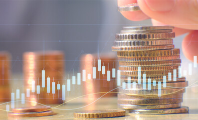 Double exposure of trading and analytical data on stock market investments, funds, and digital assets, economy, financial, banking, and currency exchange, business investment, and finance technology