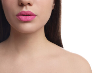 Obraz premium Closeup view of woman with beautiful full lips on white background