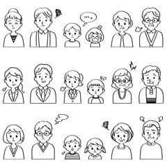 イラスト素材セット：悩み事のある表情で正面を向いた3組の3世代家族（上半身/線画/主線あり/白黒）
