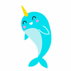 Cute blue narwhale. Vector childish illustration