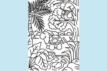 Cute Animal Coloring Black White With Turtle, And Bird Jungle with Tree and Leaf Line Style illustration
