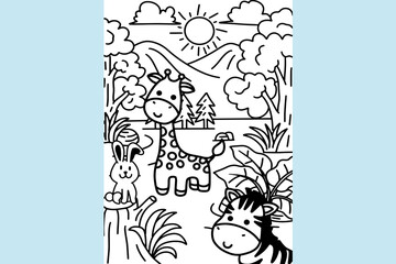 Cute Animal Coloring Black White With Turtle, And Bird Jungle with Tree and Leaf Line Style illustration