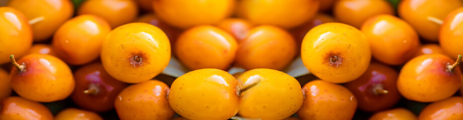 Yellow berries Hippophae close up. Macro. seaberry for preparation of medicinal plants and cooking infusions and sandthorn tea. Soft focus. Banner
