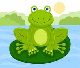 Cute frog on water lily