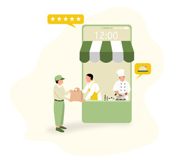 Food market in smartphones.  Online shop.  Food delivery concept.  Online shop in your smartphone.