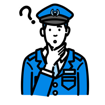 recommend clip art: 顎に手をあてて考えている警察官の男性
                    