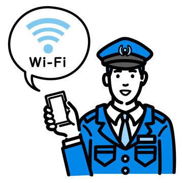 スマートフォンを持ってWi-Fiの説明をしている警察官の男性
