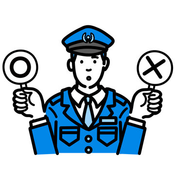 recommend clip art: マルバツの札を持って考えている警察官の男性