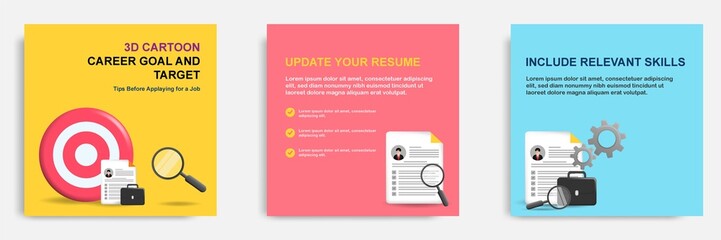 3D cartoon style. Social media informative career goal tips post banner template layout design. Finding and searching job concept with holding magnifier