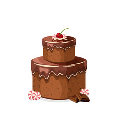 Fototapeta Pyszny tort czekoladowy z ciemną polewą, wiśniami i cukierkami. Ciasto urodzinowe - piętrowe. Wektorowa ilustracja. Słodkie jedzenie, kolorowy pyszny deser na przyjęcie. obraz
