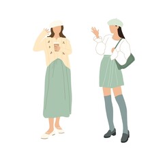 A set of stylish people in fashionable casual outfits with accessories and bags. Young modern women in fashionable spring and summer clothes. Color flat illustration isolated on a white background