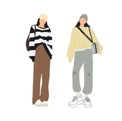 A set of stylish people in fashionable casual outfits with accessories and bags. Young modern women in fashionable spring and summer clothes. Color flat illustration isolated on a white background