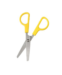 Bright yellow scissors isolated on a white background.