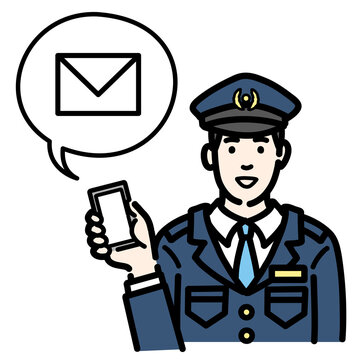 recommend clip art: スマートフォンを持ってメールの説明をしている警察官の男性
                    