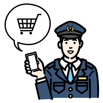 recommend clip art: スマートフォンを持ってショッピングの説明をしている警察官の男性
                    