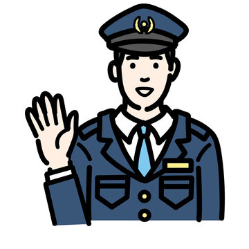 recommend clip art: 手を挙げて笑顔で挨拶をしている警察官の男性
                    