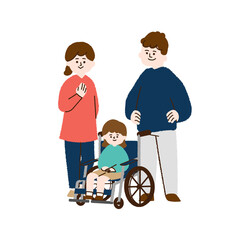 車椅子に座る女の子と両親