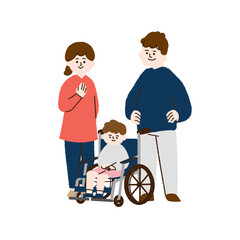 車椅子に座る男の子と両親