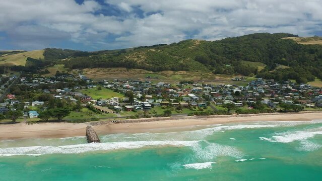 Aerial orbit shot of Apollo Bay along the Great Ocean Road in Australia